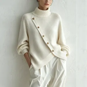 Damen Hoher Kragen Strickpullover Locker Casual Langarm Pullover Mit Asymmetrischen Knöpfen Eleganter Jumper Mit Schlitz