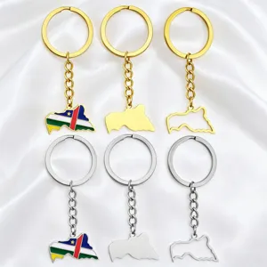 Vintage Stainless Steel Central African Republic Map Keychain Gold Silver Enamel Flag Bag Pendant Retro Geographic Jewelry For Men Women