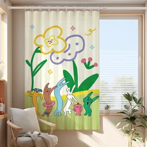 Cartoon Plant Pattern Blackout Curtain For Bedroom Bay Window No-Drill Polyester Fabric Curtains With Telescopic Rod And Ties