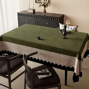 Vintage French Cotton Linen Waterproof Tablecloth Luxury Scalloped Edge Heat Resistant Stain Proof Rectangular Cover For Dining Coffee Table