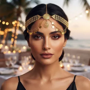 Ethnischer Nahöstlicher Gold Legierung Strass Münz Quasten Kopfkette Für Damen Indischer Stil Wassertropfen Anhänger Braut Haarschmuck