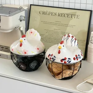 Creative Farmhouse Ceramic Hen Egg Storage Basket Vintage Iron Mesh Chicken Shape Kitchen Decorative Basket White Cherry Pattern