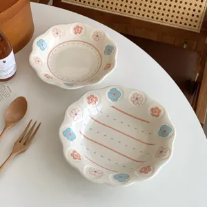 Plato de Cerámica Floral Bol Borde Ondulado Bajo Cubierta Pintado a Mano Plato para Postre Desayuno Fruta Vajilla Hogar