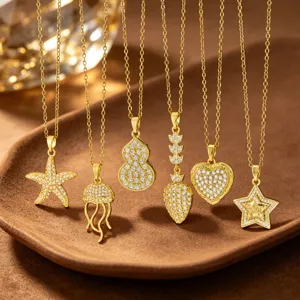 Light Luxury Zirconia Heart Star Pendant Necklace Stainless Steel Chain Copper Inlaid Zircon Gold Jewelry For Women Elegant Starfish Jellyfish Strawberry Necklaces