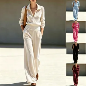 Completo Donna Retrò Semplice Top Pullover con Mezza Zip e Pantaloni a Gamba Larga Tinta Unita Autunno Inverno Casual in Poliestere