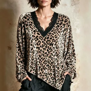 Women Vintage Leopard Print Velvet Top Lace V-Neck Patchwork Long Sleeve Asymmetrical Hem Fall Winter Pullover Blouse