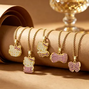 Fashion 18K Gold Plated Zirconia Bear Cat Bowtie Pendant Necklace Stainless Steel Copper Chain Niche Design Jewelry For Women