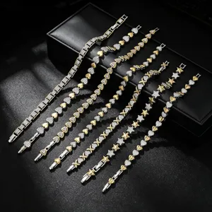 Women Fashion Gold Plated Copper Zirconia Bracelet Two-Tone Heart Star Geometric Tennis Chain Bracelet Jewelry