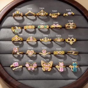 Luxury Copper Zirconia Heart Butterfly Crown Open Ring For Women Vintage Gold Plated Adjustable Fashion Jewelry Party Gift Rings
