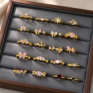 Sweet 18K Gold Plated Zirconia Adjustable Open Ring For Women Floral Heart Butterfly Bow Delicate Copper Finger Ring Fashion Jewelry Gift