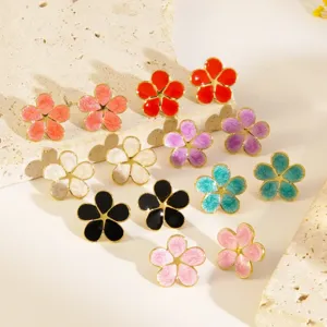 Stainless Steel Enamel Flower Stud Earrings Sweet Floral Plant Earrings For Women Vacation Style Jewelry
