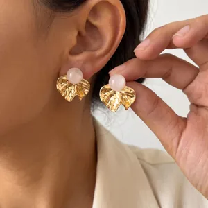 304 Stainless Steel Ginkgo Leaf Stud Earrings Real Gold Plating Resin Faux Stone Inlay Retro Light Luxury Jewelry For Women