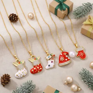 Christmas 304 Stainless Steel Rhinestone Pendant Necklace Gold Plated Enamel Santa Snowman Elk Necklace Women Festive Jewelry Gift