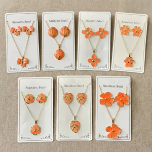 Oranje Emaille Roestvrij Stalen Sieradenset Voor Dames Vergulde Bloem Blad Vlinder Zeester Ketting Oorknopjes Set Resort Stijl Accessoires