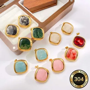 French Vintage Light Luxury Large Square Resin Stud Earrings Stainless Steel Frame Smudged Geometric Gold Jewelry For Women