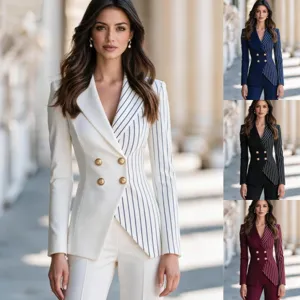 Traje de Mujer Professional Blazer Top And Bottom Bloques de Color Rayado Doble Botonadura Oficina Carrera Atuendo