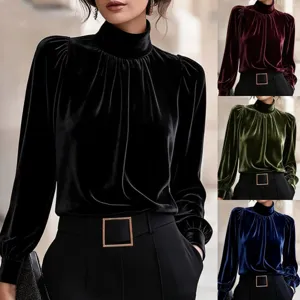Dames Franse Vintage Fluwelen Blouse Opstaande Kraag Pofmouwen Elegant Woon-werkverkeer Top Effen Kleur Herfst Winter Overhemd