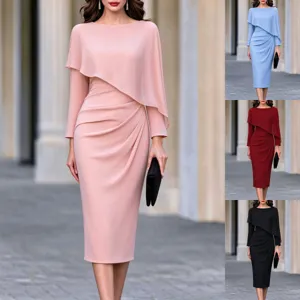 Dames Elegante Chiffon Kaap Midi Jurk Slim Fit Geplooide Taille Bodycon Jurk Effen Kleur Ronde Hals Lange Mouw Avondfeest Jurk