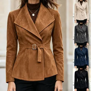 Chaqueta Ajustada Efecto Gamuza para Mujer Retro Cintura con Cinturón Solapa Manga Larga Poliéster Abrigo Corto Elegante Ropa de Abrigo