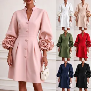 Vestido de Corte en A Elegante para Mujer con Cuello en V y Mangas Linterna con Flores 3D Color Sólido Cintura Ajustada Vestido de Fiesta Midi para Banquete de Boda