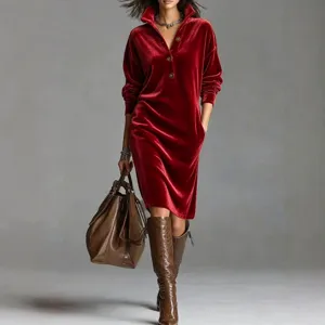 Vestido Midi de Terciopelo Vintage para Mujer Otoño Invierno Casual Solapa Manga Larga Vestido Recto Suelto Con Botones Color Sólido