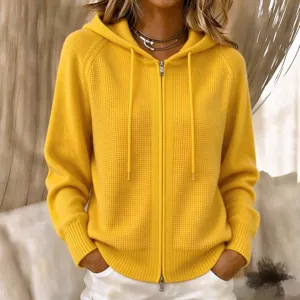 Dames Gebreid Vest Met Capuchon Wafel Rits Ruime Effen Wol Pullover Jas Lange Mouw Casual Thermische Bovenkleding