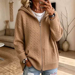 Gebreid Vest met Capuchon en Kabelpatroon voor Dames Losse Sweaterjas met Rits met Zakken Casual Effen Kleur Lange Mouw Breigoed voor Herfst Winter