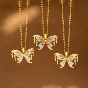 Vintage Colorful Enamel Butterfly Pendant Necklace For Women Stainless Steel Chain Copper Zirconia Inlaid Jewelry