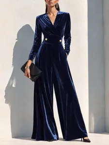Elegant Women V Neck Gold Velvet Jumpsuit Long Sleeve High Waist Wide Leg Suit Solid Color Sexy Bodycon Party Club Clothing