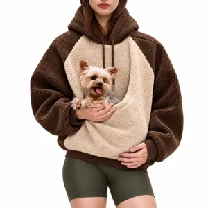 Dames Kleurblok Huisdierzak Hoodie Polar Fleece Patchwork Pullover Top Met Trekkoord Warm Capuchon Sweatshirt