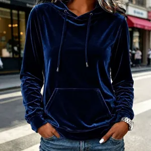 Dames Casual Fluwelen Hoodie Met Capuchon Effen Kleur Trekkoord Lange Mouwen Pullover Hoodie Herfst Winter Polyester Gebreide Top
