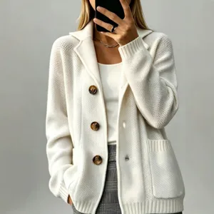 Dames Effen Kleur Revers Lange Mouw Gebreid Vest Verdikt Losse Zak Knoop Voorkant Trui Jas Casual Woon-werkverkeer Bovenkleding