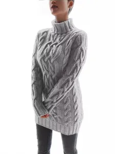 Vestido de Punto para Mujer Vintage Cuello Alto Manga Larga Slim Fit Cálido Suéter Midi de Color Sólido