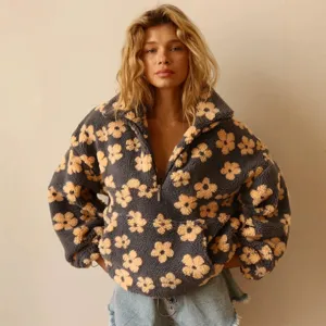 Dames Floral Polar Fleece Hoodie Halve Rits Pullover Losse Sweatshirt Warme Sherpa Grafische Jas Winter Streetwear Casual Top
