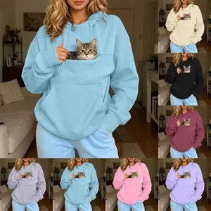 Women Oversized Cat Print Hoodie Casual Drawstring Hooded Sweatshirt With Front Pocket Solid Color Loose Autumn Winter Pullover Top
