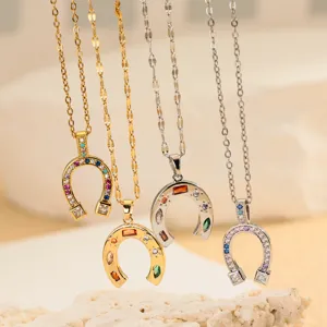 Horseshoe U-shaped Pendant Necklace Copper Zirconia Inlaid Luxury Minimalist Jewelry For Women Delicate Colorful Zirconia Stone Chain Necklace