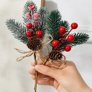 Artificial Christmas Pine Needle Branch With Red Berry Natural Pine Cone Snow Covered Berry Stem For Holiday Xmas Home DIY Decoration