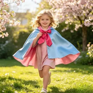 Girls Hooded Princess Cape Double Sided Satin Cloak For Halloween Party Cosplay Blue Pink Color Blocking Fairy Costume Outerwear