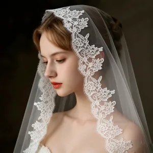 Voile de Mariée en Dentelle Cils Français Tulle Souple Transparent Coiffe pour Femmes Boho Floral Voile Bordure Dentelle