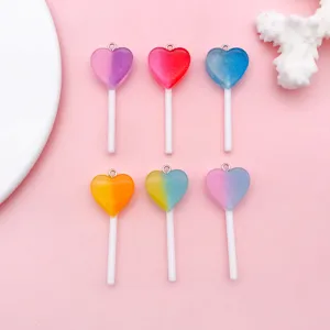 DIY Resin Gradient Heart Lollipop Charms Colorful Glitter Food Pendants For Jewelry Making Keychain Bag Accessories Craft Supplies