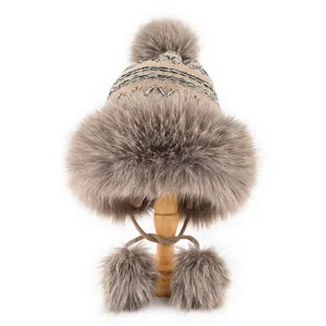 Vintage Faux Fox Fur Knit Trapper Hat For Women Winter Thickened Plush Ear Protection Ushanka Ski Lei Feng Cap With Pom Poms