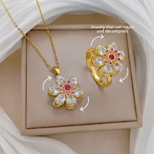 Rotatable Decompression Flower Pendant Necklace Ring Copper Gold Plated Vintage Zirconia Floral Jewelry For Women Daily Party Accessoreis