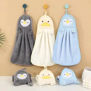 Cute Cartoon Animal Hand Towel Super Absorbent Coral Velvet Hanging Towel For Kitchen Bathroom Penguin Duck Soft Towel
