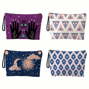 Bolsa de Cosméticos para Mujer Estampado Ojo Turco Estuche de Maquillaje de Lino Portátil Neceser de Viaje con Cremallera Bolsa de Almacenamiento con Correa de Muñeca Organizador Estilo Místico