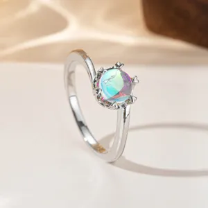 Fashion Crown Ring Women Copper Gold Silver Plated Synthetic Moonstone Rainbow Cabochon Geometric Prong Setting Ring Jewelry Gift For Her
