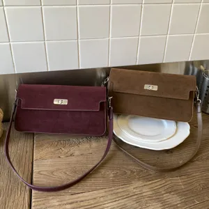 Women Retro Faux Suede Underarm Bag Minimalist Small Square Shoulder Bag With Metal Turn-Lock Buckle Versatile Commuting Daily Handbag