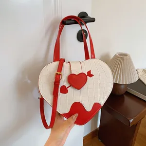 Women's Vintage Heart Shaped Crossbody Bag Fashion Crocodile Pattern PU Leather Handbag With Cupid Arrow Design Contrast Color Shoulder Bag