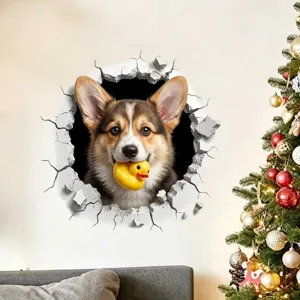 3D Realistische Corgi Wandaufkleber Abnehmbare PVC Selbstklebende Wandtattoo Lustige Hund Mit Gelber Ente Wand Durchbruch Poster Für Home Dekor