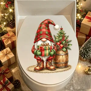 Sticker de Couvercle de Toilettes Gnome de Noël Plaid Amovible PVC Décoration pour Salle de Bain Maison Fête Cartoon Gnome