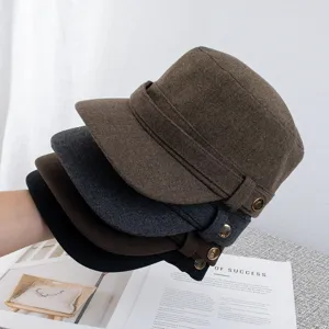 Retro Woolen Flat Top Military Cap For Women Solid Color Newsboy Hat Baker Boy Cap Vintage Autumn Winter Warm Equestrian Hat Accessory
